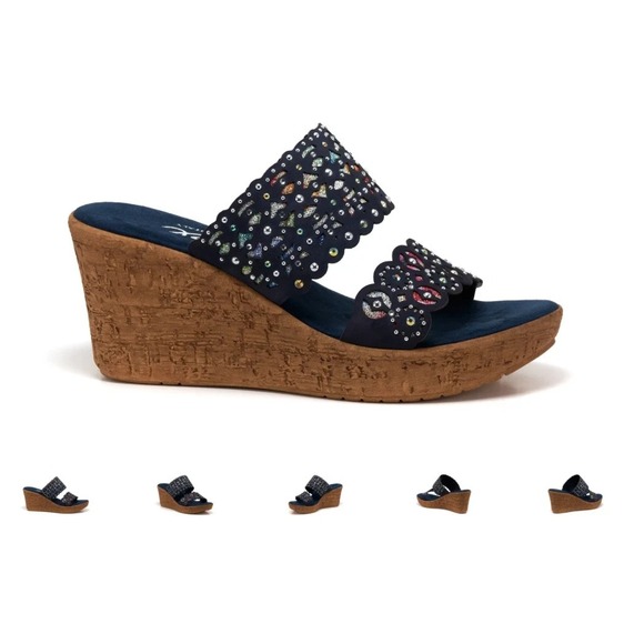 Onex Oppal Navy Nubuck 2 Band Laser Cut Wedge Sandal Women's Size 5 - Picture 1 of 6